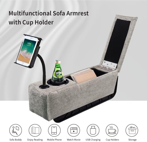 Multifunctional Sofa Armrest, Couch Armrest with Cup Holder, Removable Sofa Caddy with Storage,Equipped with LED Reading Light&Wireless Charge Stand, Grey - Image 6