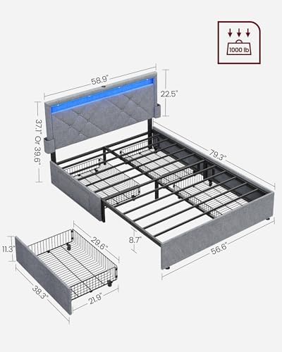 VASAGLE Full Bed Frame, 4 Storage Drawers on Wheels, Charging Station - Image 2