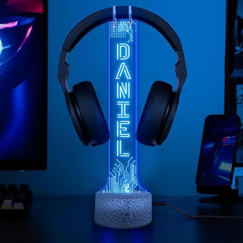 Personalized LED Headphone Holder with RGB Lights, Custom Gamer Desk Organizer, Headset Display Stand for Gaming Setup, Christmas or Birthday Gift for Boyfriend, Teen Gamer or Streamer by GiantBigHands