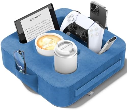 Couch Cup Holder Pillow, Sofa and Bed Organizer Caddy for iPad, Kindle, Switch, Game Controller, Remotes, Phones, Small-Sized Cup & Drink Holder for Couch, Bed, Desk, Car, Desk, Beach, Blue by Unknown