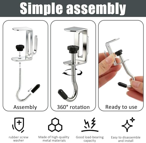 6 Pcs Adjustable Table Hooks for Hanging Bags,Non Slip Design, Under Desk Mount Bag Hook Clamp,Heavy Duty Metal Backpack Hooks for Desk,Desk Hook for Hanging Headphone Purse Backpack - Image 3