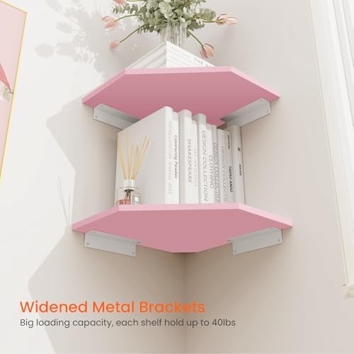 Homode Corner Shelf Wall Mount, Set of 4 Corner Floating Shelves, Wood Hanging Storage Shelving with Cord Hole, Wall Shelf Organizer for Bathroom Bedroom Living Room Office, Pink - Image 5
