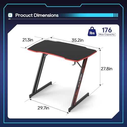 BestOffice Gaming Desk 35 in PC Computer Desk Z Shaped Gaming Workstation Ergonomic Gaming Table with Headphone Hook for Home Office,Black&Red - Image 3