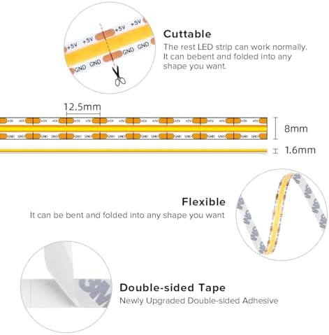 BTF-LIGHTING 5V USB COB LED Strip Lights 9.8FT Warm White 2700K - Image 6