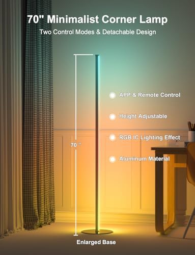 Eastfine Corner Floor Lamp 70", Upgraded RGB LED with Remote Control, App Control with 16 Million Colors and Dynamic Modes, Music Sync Timing, Ambient Lighting for TV Living Room Bedroom Gaming - Image 2