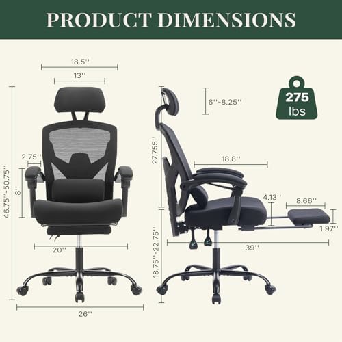 Ergonomic Office Chair with Footrest, Computer Gaming Chair | Adjustable Headrest, Lumbar Support, Swivel Reclining, Padded Armrest, Mesh High Back, Home Desk Work Study, Black - Image 3