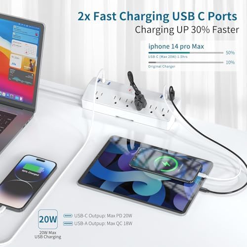 40W Fast Charging Station, Desk Clamp Power Strip 10FT Extension Cord, JXGUCAT Removable Desk Mount Flat Plug Power Strip Surge Protector, 2 USB-C Ports, 6 Outlets, Fits 1.8" Tabletop Edge - Image 2