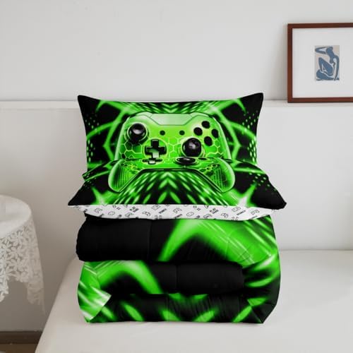 Feelyou Kids Gamer Bedding Set Queen Size Geometric Game Controller Comforter Set for Boys Girls Teens Game Room Decor Green Black Gaming Duvet Quilt - Image 3