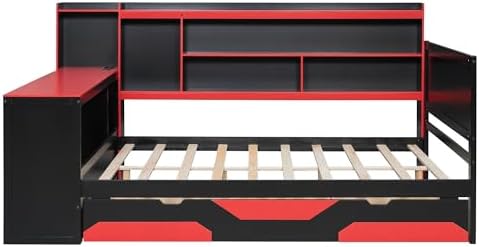 Merax Full Size Gaming Daybed with Integrated Desk and Lights, Wooden Platform Bed Frame with 3 Storage Drawers and Built-in Charging Station, Multi-Functional Headboard Shelves, No Box Spring Needed - Image 5