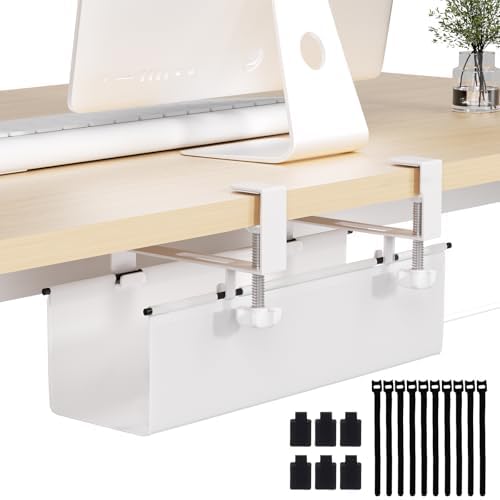 Under Desk Cable Management Tray 15.7" - No Drill Computer Wire Organizer Cable Tray, Cord Hider Clamp Mount with 16X Cable Ties PC Cables Management Cord Holder for Office/Home (Upgrade Fabric,White) by JOLENSOY