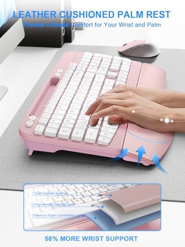 Hayyiesh Ergonomic Wave Keys Wireless Keyboard and Mouse Combo, Full Size with Memory Foam Wrist Rest & Phone Holder, 2.4G Cordless Set with USB-C Adapter for Windows Mac Desktop Laptop (Pink) - Image 3