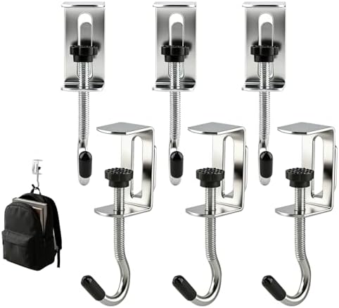 6 Pcs Adjustable Table Hooks for Hanging Bags,Non Slip Design, Under Desk Mount Bag Hook Clamp,Heavy Duty Metal Backpack Hooks for Desk,Desk Hook for Hanging Headphone Purse Backpack by Unknown