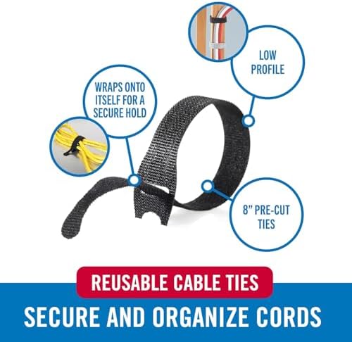 VELCRO Brand Complete Desk Cable Management Kit | 8in Mountable Cable Sleeve 2pk + 150pk Reusable Cable Ties + Desk & Nightstand Cord Organizer | Black, Damage-Free Mounting - Image 4