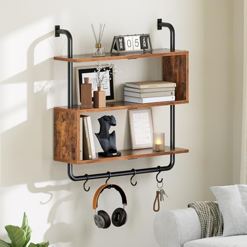 HOOBRO Floating Shelves with LED Lights, 29.5" LED Wall Mounted Gaming Shelf, 3-Tier Pipe Display Rack with Hanging Rod and 4 S-Hooks, for Storage Livingroom, Bedroom, Rustic Brown and Black BF21DBJ01 - Image 4