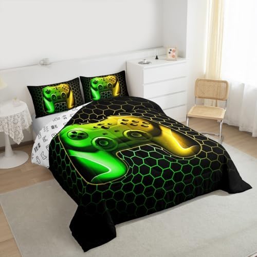 Feelyou Gamer Comforter Set for Boys Teens Gaming Bedding Set Video Game Contoller Home Decor for Kids Honeycomb Comforter,Yellow Green Queen Size 3 Pieces 2 Pillowcases Boys - Image 2