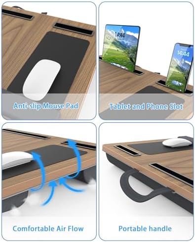 Laptop Lap Desk, Portable Large Laptop Desk for Bed, Up to 17 in Lap Table with Wrist Rest, Mouse Pad, Tablet Phone Slot, Portable Handle, Cushion (Dark Brown Woodgrain) - Image 4