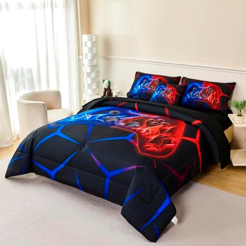6 Pieces Red and Blue Gamer Comforter Set for Boys Kids Full Bedding Sets Video Game Controller Bed Set Modern Gaming Gamepad Bed in A Bag with Sheets(Red Blue, Full) - Image 3