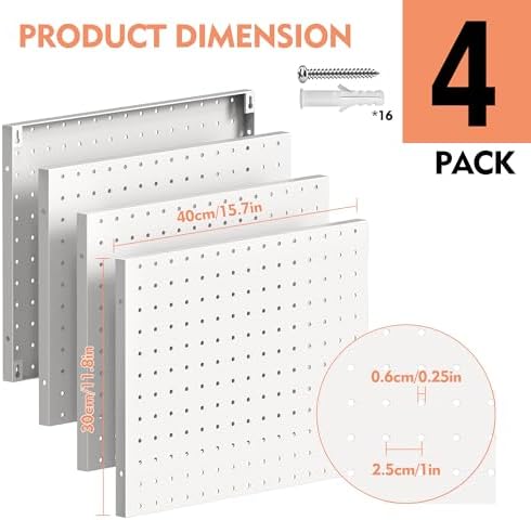 Peg Board Metal Pegboard Organizer 4 Pcs 15.7'' x 11.8'' Wall Control Pegboard for Gaming Room Garage Home Entryway Kitchen, White - Image 2