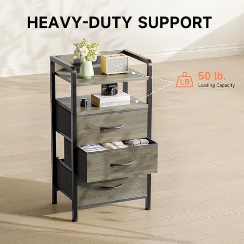 Lazzanto Nightstand with Rear Charging Station, LED Light, 3 Drawers, Grey - Image 6