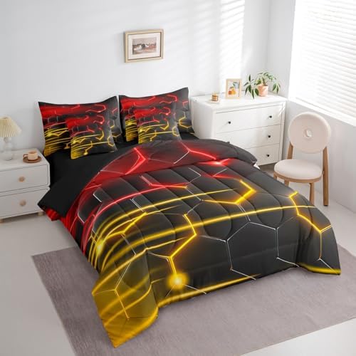 Feelyou Honeycomb Bedding Set Geometrical King Comforter Set with Sheets for Kids Boys Girls Teens Room Decor Modern Hexagon Theme Bed in a Bag 7 Piece Beehive Red Yellow Bed Set - Image 3