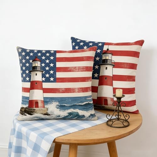 Patriotic Lighthouse Throw Pillow Covers, Linen, 18x18 Inch, Set of 2, Farmhouse Style, 4th of July Independence Day Décor - Image 6