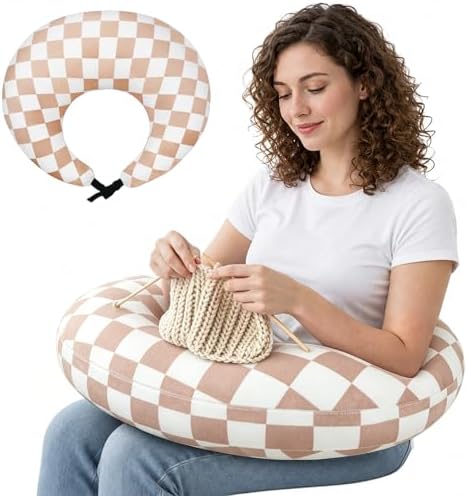Ergonomic U-Shaped Gaming & Lap Pillow for Crocheting - Cute Geometric Grid Crochet Pillow with Elbow & Arm Support, Lap Desk Pillows for Reading, Playing or Crocheting, Suitable for Adults - Brown by Unknown