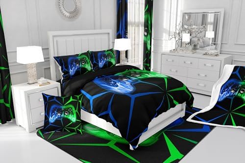 Feelyou Gamer Comforter Set for Kids Boys,3D Video Gaming Bedding Set Queen Size,Teens Bedroom Room Decor,Green and Blue Game Contoller Comforter,Geometric Game Bed Set All Season for Game Lovers - Image 6