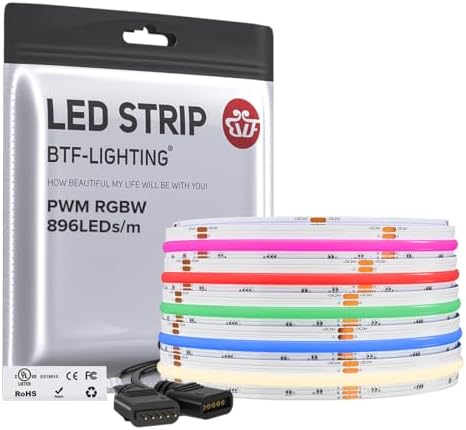 BTF-LIGHTING FCOB COB LED Strip Light,UL Listed RGBW 4000K 896LED/m High Density LED Tape Light,16.4FT DC24V 12mm Width Color Changing Light for Bedroom Home Indoor DIY Decor(No Adapter or Controller) by BTF-LIGHTING