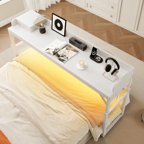 HOOBRO Overbed Table with Wheels, Rolling Table with Outlets & Light Strip for Queen Bed, Mobile Bed Desk & Drawer and Adjustable Height, Giant Computer Desk for Living Room, White WW180UDDN01 by HOOBRO
