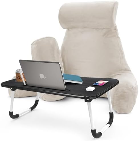 Nestl Reading Pillow with Portable Laptop Lap Desk - Shredded Memory Foam Back Support Pillow for Sitting Up in Bed and Couch Rest Pillows with Arms, Bed Tray Table with Foldable Legs, Linen by Nestl