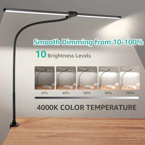ShineTech LED Desk Lamp for Home Office, 4000K Neutral White Double Head Architect Task Lamps with Clamp, Dimmable Adjustable Flexible,Black - Image 3
