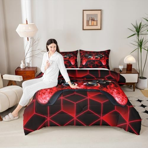 Red Neon Geometric 3D Geometric Comforter Set - Flame Gaming Console Gamer Decor for Boys Bedroom - Image 2