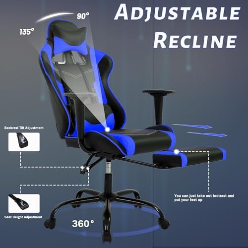 Gaming Chair, High Back PU Leather Gaming Chairs Computer Chair with Headrest & Lumbar Support, Height Adjustable Wide Seat Gaming Chairs for Adults, Game Chair with Footrest & Armrest (Blue) - Image 5