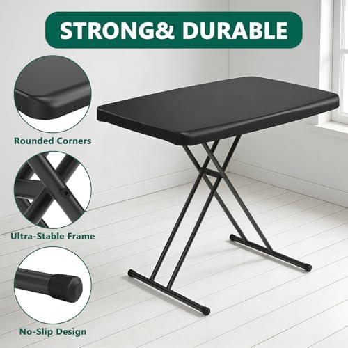 Folding Table 30 Inch - Small Desk Adjustable Height TV Tray for Laptop, Couch, Camping - Heavy Duty Utility Foldable Table for Small Spaces, No Assembly Required, Snowy Granite (Black) - Image 5