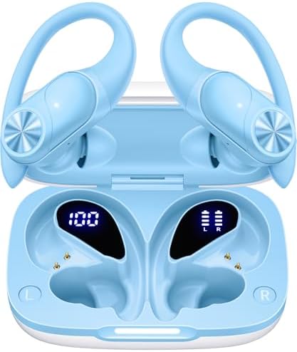 PocBuds Bluetooth Headphones Wireless Earbuds 80hrs Playtime Wireless Charging Case Digital Display Sports Ear Buds with Earhook Deep Bass IPX7 Waterproof Over-Ear Earphones for TV Phone Laptop Blue by PocBuds