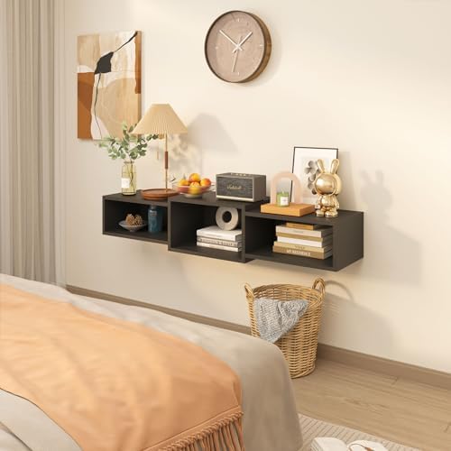 IBUYKE Floating TV Stand Wall Mounted with Power Outlet,Modern Wood Wall Mounted Media Console Shelf,Floating Entertainment Center for Under TV Storage for Living Room Bedroom Office,Black WST001B- - Image 5