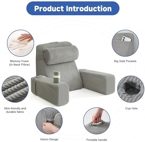 Reading Pillow for Bed, Back Pillow for Bed Sitting Up, Bed Pillows for Sitting Up with Adjustable Armrests, Cup Holder & Large Pocket, Backrest Cushion for Reading, Watching TV (Grey, 4PCS) - Image 3