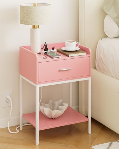 Masupu Nightstand with Charging Station,3-Tier Modern Bedside Night Stand with Storage Drawer and Shelf,Small End Side Table for Bedroom,Living Room,Pink and White by Masupu