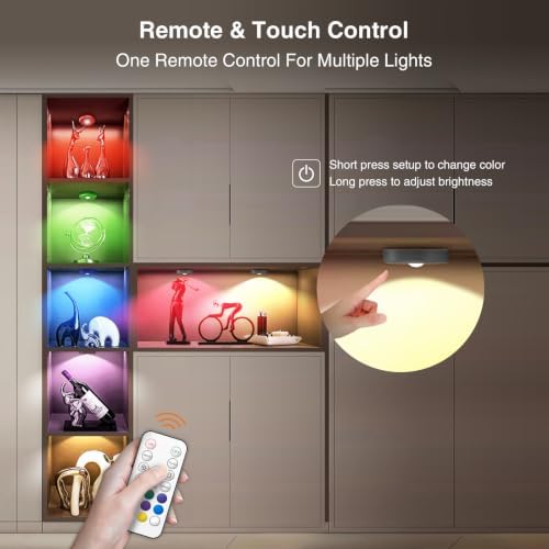 RGB Puck Lights with Remote Control, 2000mAh Rechargeable Stick on Led Lights, 9 Colors & 2 Dynamic, Tap Light with Timing,Under Cabinet Lighting for Closet,Kitchen,Cabinet,Shelf,Grey, 3 Pack - Image 4