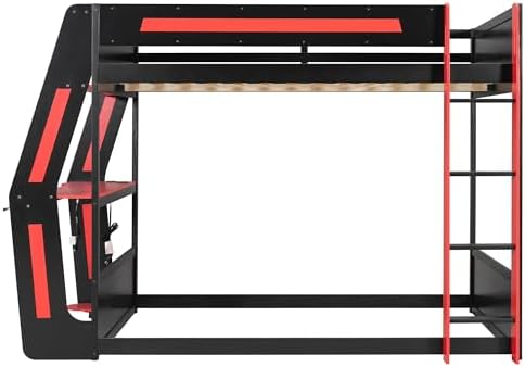 Merax Full Over Full Gaming Bunk Bed Frame with Side-Mounted Oversized Desk, USB Charging Ports & Cable Grommet & Light, Cool Design Heavy-Duty Esports Loft Bed Frame, Red - Image 3