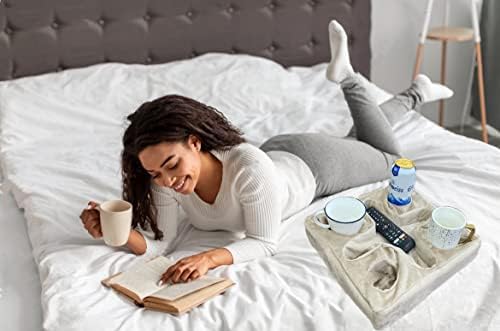 Couch and Bed Cup Holder Pillow, Sofa Refreshment Tray for Drinks/Remote Control/Snacks Holder (Beige) - Image 3