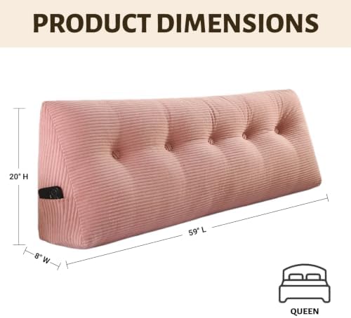 Wedge Reading Pillow Headboard Queen Size, Headboard Bolster Pillow for Bed, Triangular Backrest Cushion with Removable Corduroy Cover, Pink - Image 2