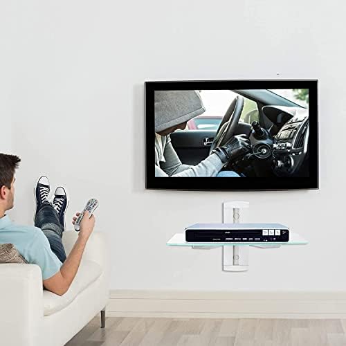 suptek Glass Floating Shelves, TV Wall Mount with Shelf for DVD Player / PS4 / Cable Boxes/Game Consoles/Sky Box/TV Accessories, Media Shelf, Flat Wall Mount Bracket, 1 Tier Shelf, Silver - Image 2