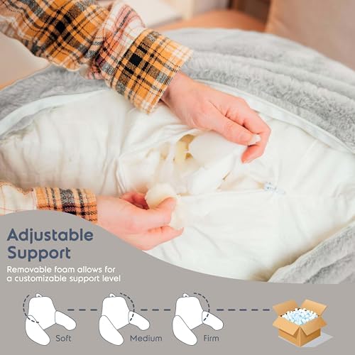 Nestl Fur Reading Pillow, Stylish Back Pillow for Bed Sitting Up, Faux Fur Bed Chair Pillow with Arms, Reading Pillows for Sitting in Bed Adult & Kids, Back Support Pillow for Bed Rest - Light Grey - Image 6