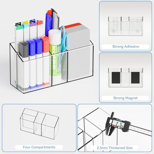 Yieach 2 Pack Magnetic Marker Holder for Whiteboard with Magnet and Adhesive - Non Slip Clear Acrylic Magnetic Pen Cup and Dry Erase Marker Holder for Expo,Refrigerator,Locker and Classroom Organizer - Image 4