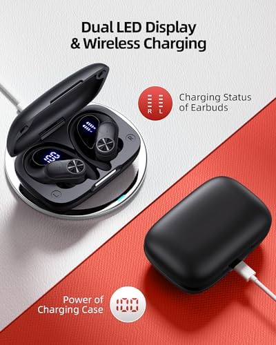 PocBuds Bluetooth Headphones Wireless Earbuds 80hrs Playtime Wireless Charging Case Digital Display Sports Ear Buds with Earhook Deep Bass IPX7 Waterproof Over-Ear Earphones for TV Phone Laptop Black - Image 3