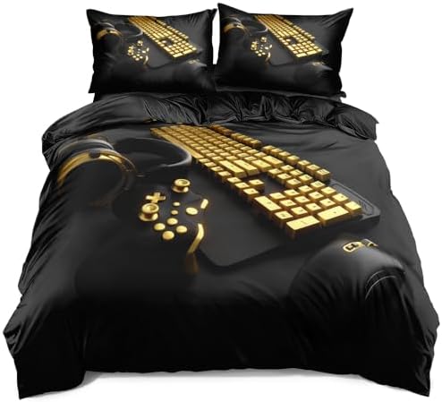 Twin Size Duvet Cover Set with Pillowcases, Bedding Set for Gamer Bedroom Decor – Gold Game Controller Print and Gold Gamepad Design – Perfect for Boys & Girls – Fun & Energetic Atmosphere - Image 2