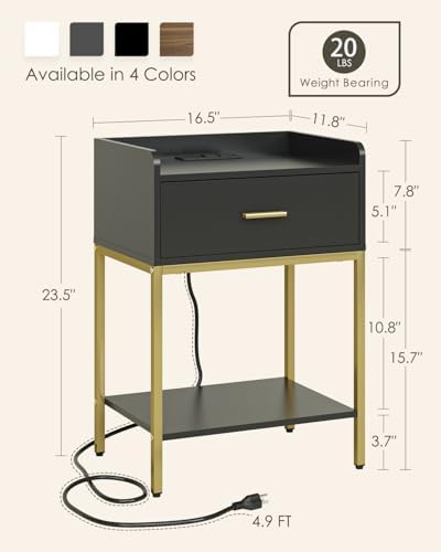 Masupu Nightstand with Charging Station,3-Tier Modern Bedside Night Stand with Storage Drawer and Shelf,Small End Side Table for Bedroom,Living Room,Gold and Black - Image 2