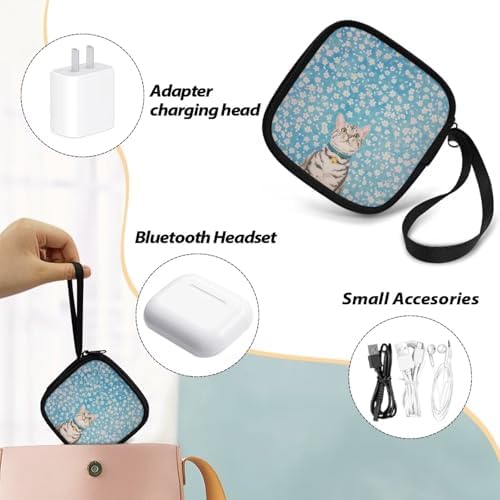 Cat Earbuds Case Portable Earbuds Carrying Case, Portable Earphone Case Phone Accessories Organizer with Handle for SD Card, USB Charging Cable Blue - Image 6