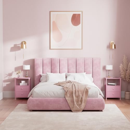 BOLUO Pink Nightstand with Charging Station, LED Night Stand with 2 Fabric Drawers, Bedside Table with USB Ports and Outlets, Nightstand for Bedroom Modern - Image 2